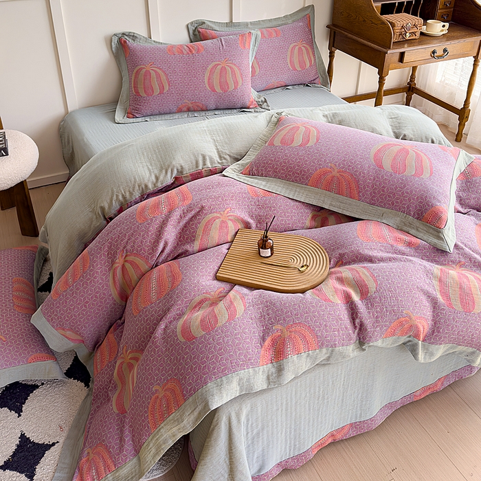 91家纺网 家纺一手货源 找家纺 小欢喜 2024新款全棉A类色织双层纱大提花四件套-宽边款 波点南瓜-紫