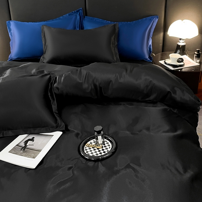 91家纺网 家纺一手货源 找家纺 梦舒羽 2025新款可水洗冰丝被套床单枕套夏季四件套 尊贵黑