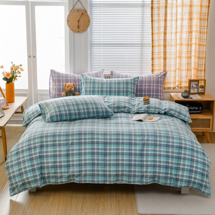 91家纺网 家纺一手货源 找家纺 柠萌家居 2024新款A类全棉色织水洗棉无印风四件套 简爱绿格