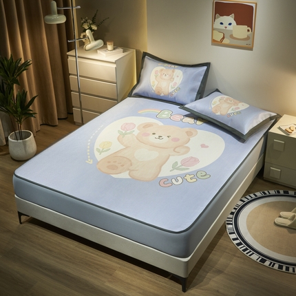 21度C 2024新款卡通大版数码印花冰藤席 晚安萌熊-床笠款