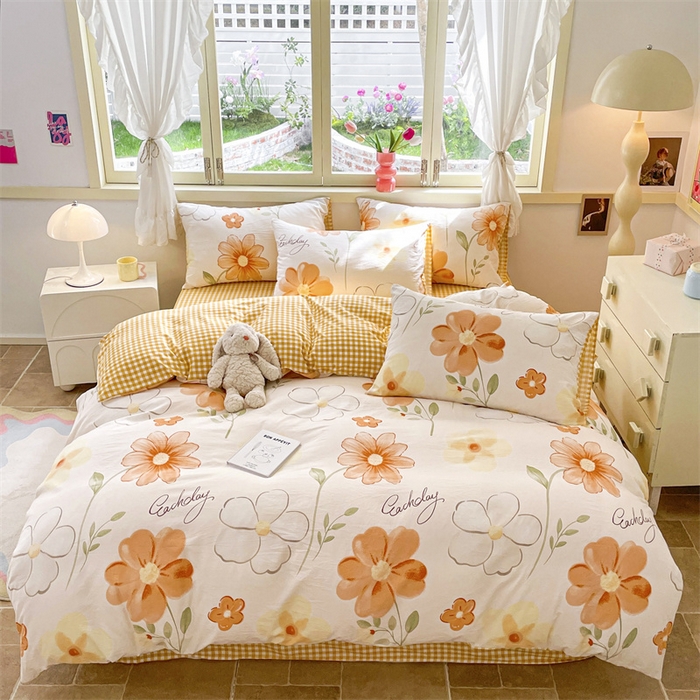 91家纺网 家纺一手货源 找家纺 盛秋家纺 2026新款水洗棉印花四件套-卡通系列 秋日花语+黄小格