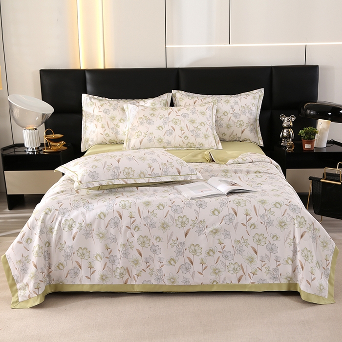 91家纺网 家纺一手货源 找家纺 梦莱斯 2024新款拼角宽边水洗天丝夏被四件套 清晨浅绿