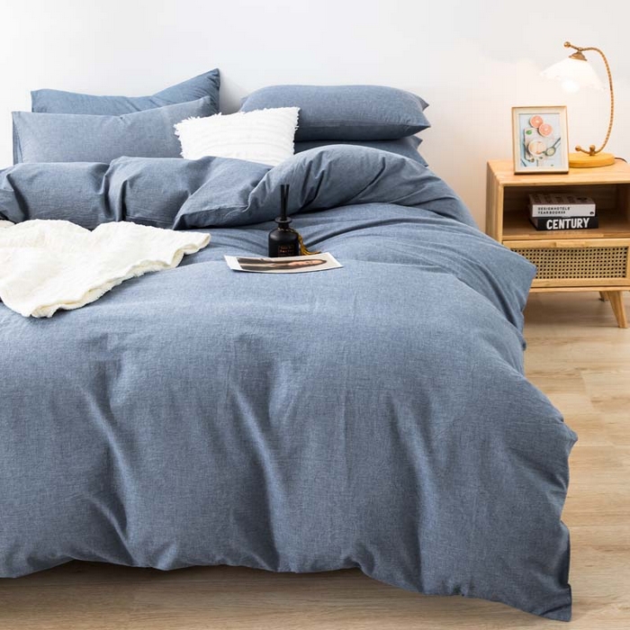 91家纺网 家纺一手货源 找家纺 柠萌家居 2024新款A类全棉色织水洗棉无印风四件套 牛仔蓝