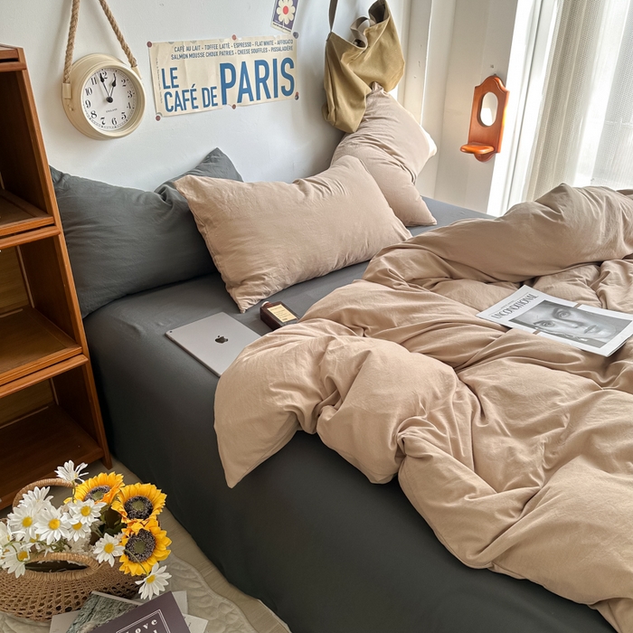 91家纺网 家纺一手货源 找家纺 易辰美 2024新款混搭超柔水洗棉四件套 奶杏+深灰