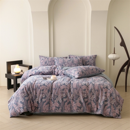 91家纺网 家纺一手货源 找家纺 大米家居 2024新款全棉60支双层纱色织提花四件套 雨林