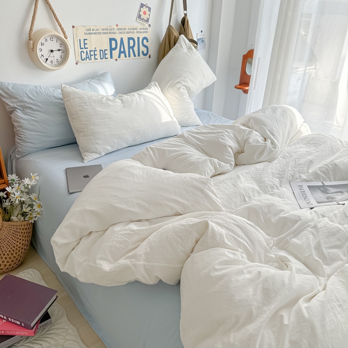 91家纺网 家纺一手货源 找家纺 易辰美 2024新款混搭超柔水洗棉四件套 奶白+浅兰