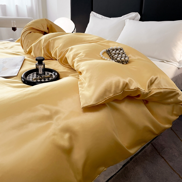 91家纺网 家纺一手货源 找家纺 梦舒羽 2025新款可水洗冰丝被套双人床被套带同款床单床笠四件套 金驼色