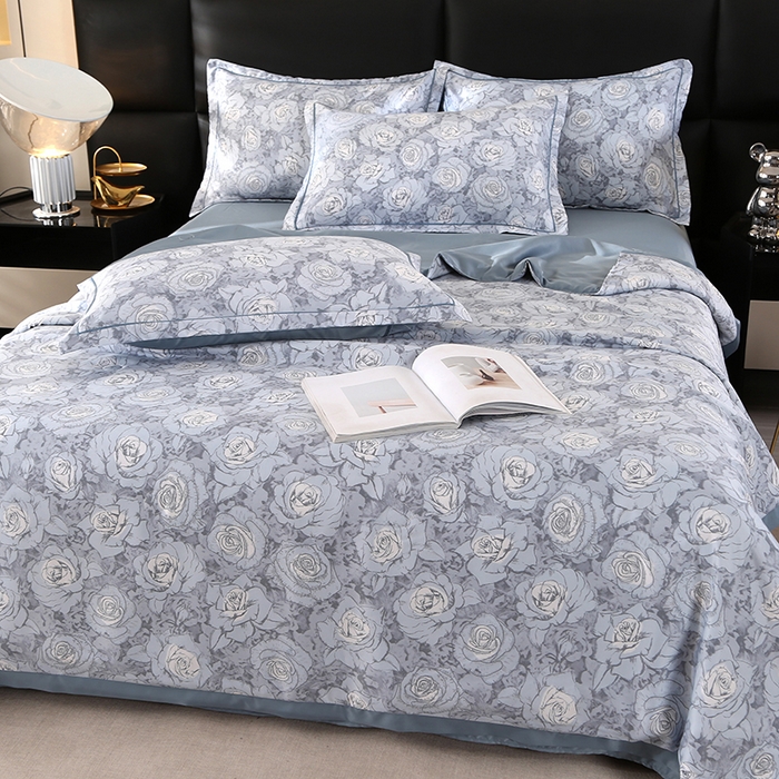 91家纺网 家纺一手货源 找家纺 梦莱斯 2024新款拼角宽边水洗天丝夏被四件套 玫瑰灰