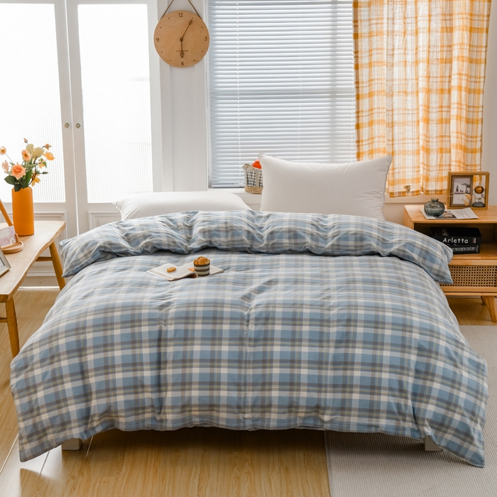 91家纺网 家纺一手货源 找家纺 柠萌家居 2024新款A类全棉色织水洗棉无印风四件套 遇见兰格