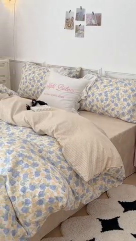 91家纺网 家纺一手货源 找家纺 昔可家纺 2024新款全棉春日复古印花四件套 春日里的蓝玫瑰