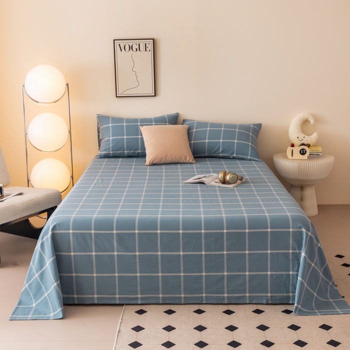 91家纺网 家纺一手货源 找家纺 寐眠 2024新款全棉水洗棉床单床笠单品-单床单 海蓝大格