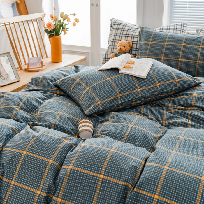 91家纺网 家纺一手货源 找家纺 柠萌家居 2024新款A类全棉色织水洗棉无印风四件套 瓦尔灰