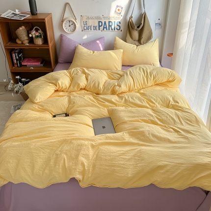 91家纺网 家纺一手货源 找家纺 易辰美 2024新款混搭超柔水洗棉四件套 嫩黄+香芋紫