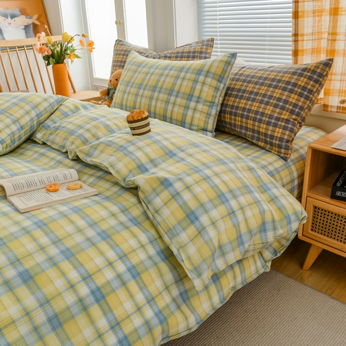 91家纺网 家纺一手货源 找家纺 柠萌家居 2024新款A类全棉色织水洗棉无印风四件套 简爱黄格