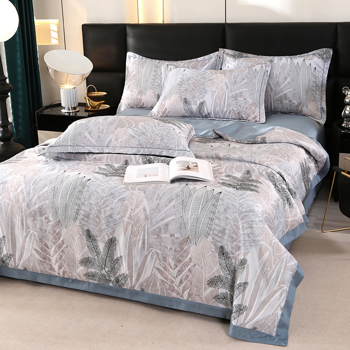 91家纺网 家纺一手货源 找家纺 梦莱斯 2024新款拼角宽边水洗天丝夏被四件套 初禾灰