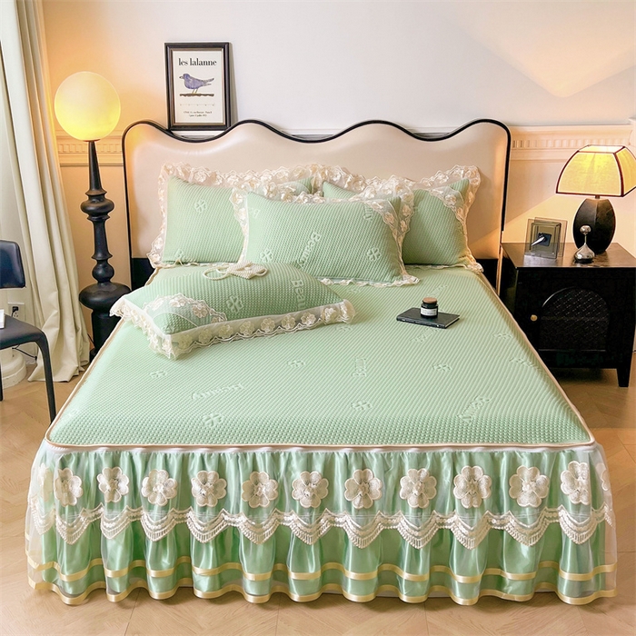 91家纺网 家纺一手货源 找家纺 虹星家纺 2024新款A类冰感凉豆豆可拆卸床裙席三件套 青果绿