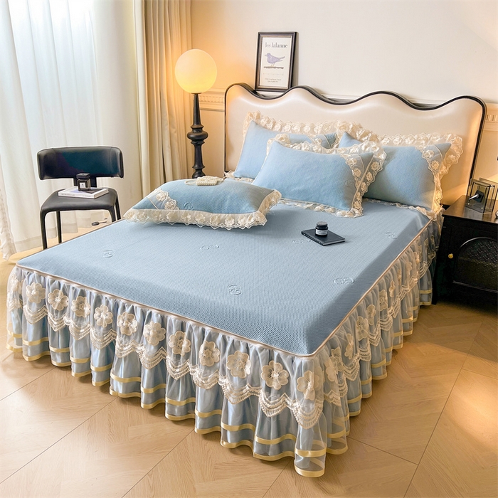 91家纺网 家纺一手货源 找家纺 虹星家纺 2024新款A类冰感凉豆豆可拆卸床裙席三件套 宝石蓝