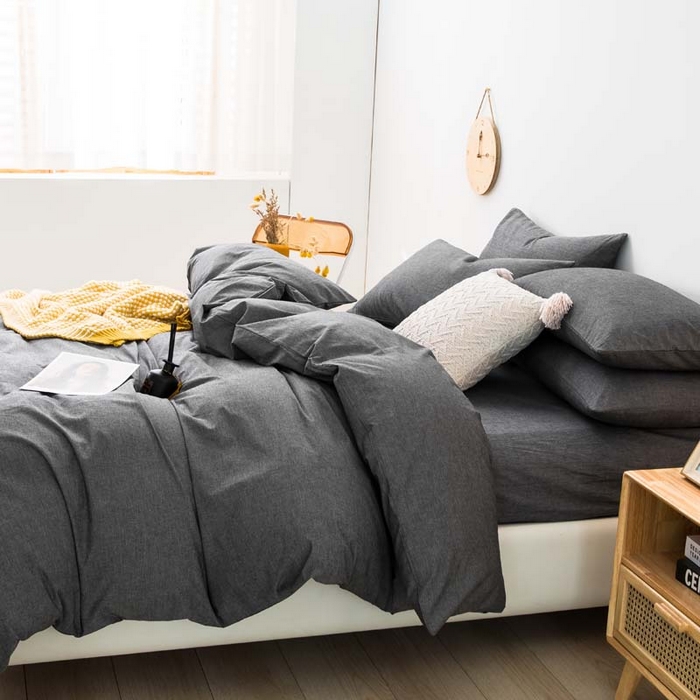 91家纺网 家纺一手货源 找家纺 柠萌家居 2024新款A类全棉色织水洗棉无印风四件套 深灰