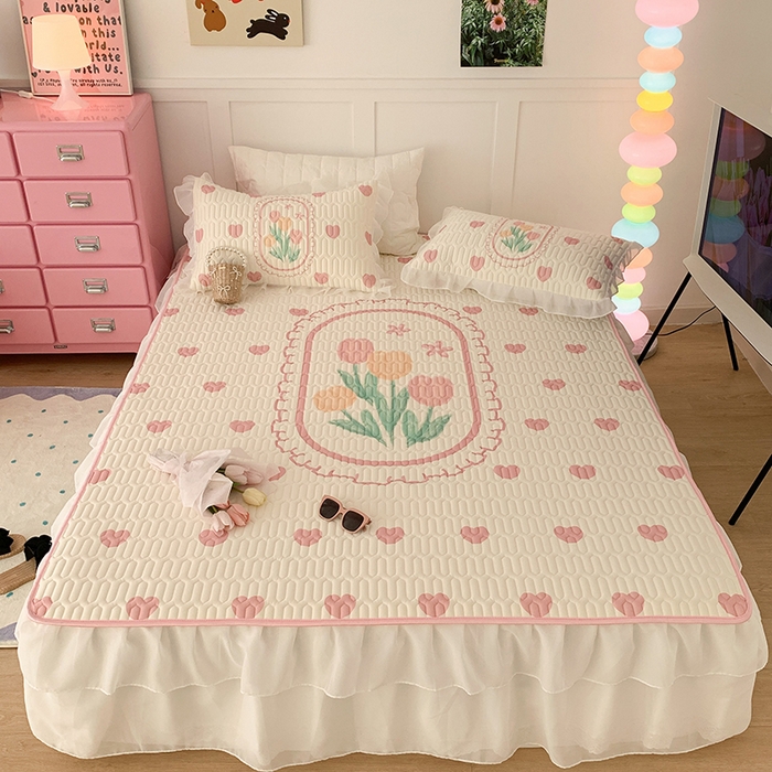 91家纺网 家纺一手货源 找家纺 昔可家纺 2024新款床裙款乳胶席 粉爱心郁金香