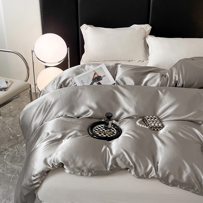 91家纺网 家纺一手货源 找家纺 梦舒羽 2025新款可水洗冰丝被套双人床被套带同款床单床笠四件套 典雅灰