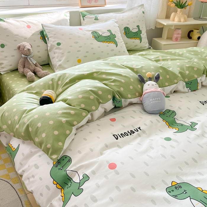 91家纺网 家纺一手货源 找家纺 芊寻家居 2024新款全棉13372花卉系列四件套 恐龙点点