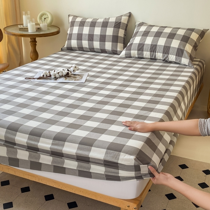 91家纺网 家纺一手货源 找家纺 寐眠 2024新款全棉水洗棉床单床笠单品-单床笠 灰中格