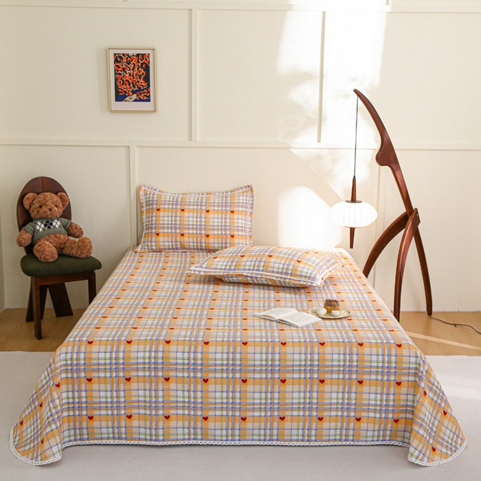 91家纺网 家纺一手货源 找家纺 萌宝 2025老粗布新款纯棉细纱三枚缎卡帆布花边款软凉席床单提供买家秀爱心格黄