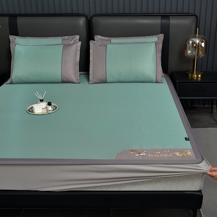 91家纺网 家纺一手货源 找家纺 简一 2024新款A类抗菌冰丝席--床笠款 蝶恋花抗菌席绿床笠