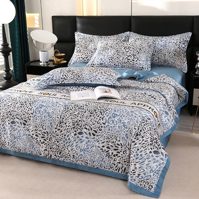 91家纺网 家纺一手货源 找家纺 梦莱斯 2024新款拼角宽边水洗天丝夏被四件套 豹纹兰