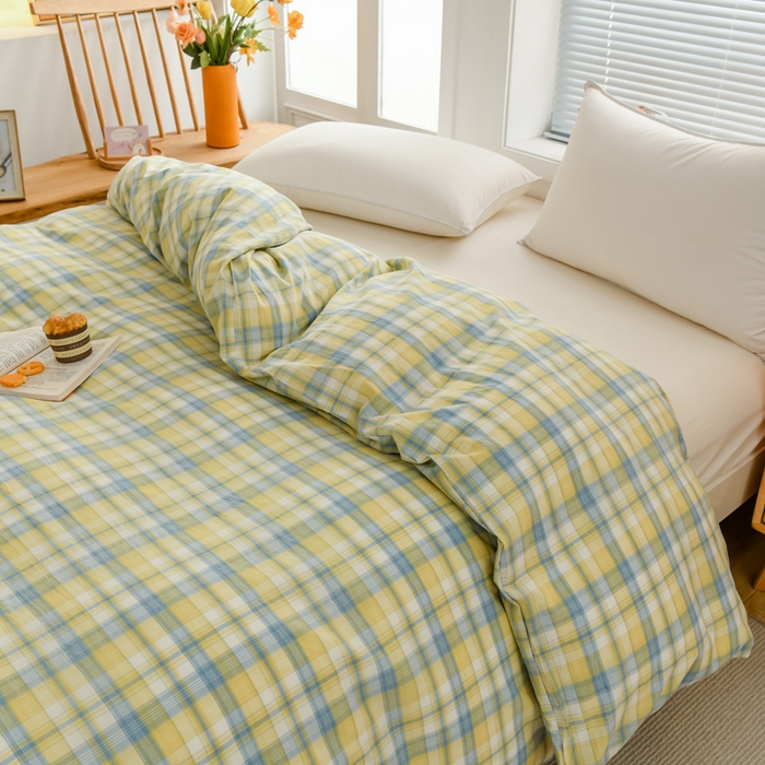 91家纺网 家纺一手货源 找家纺 柠萌家居 2024新款A类全棉色织水洗棉无印风四件套 简爱黄格