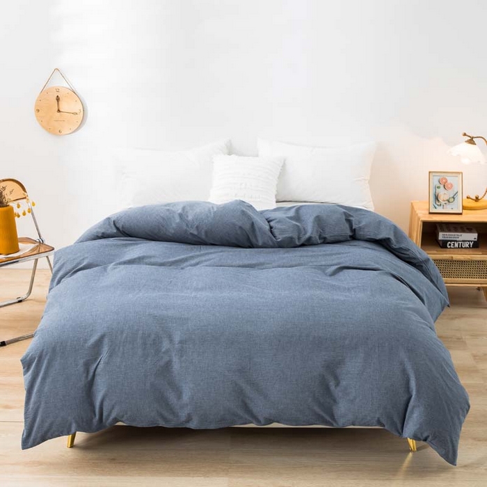 91家纺网 家纺一手货源 找家纺 柠萌家居 2024新款A类全棉色织水洗棉无印风四件套 牛仔蓝