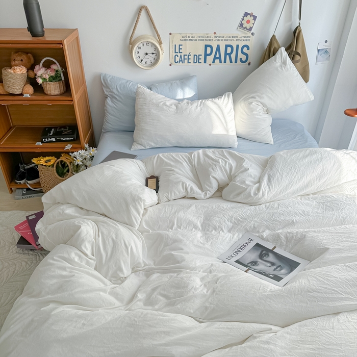 91家纺网 家纺一手货源 找家纺 易辰美 2024新款混搭超柔水洗棉四件套 奶白+浅兰