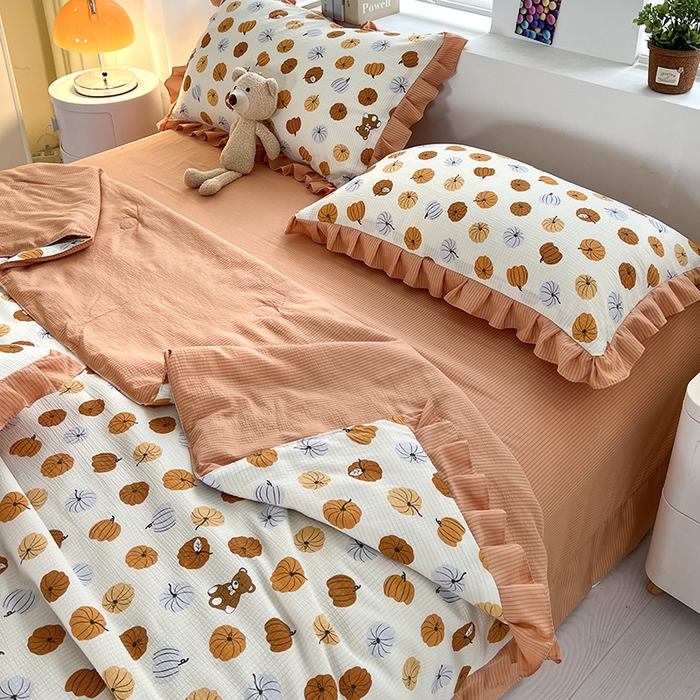 91家纺网 家纺一手货源 找家纺 梦莱斯 2024新款时尚舒适泡泡棉夏被四件套 南瓜