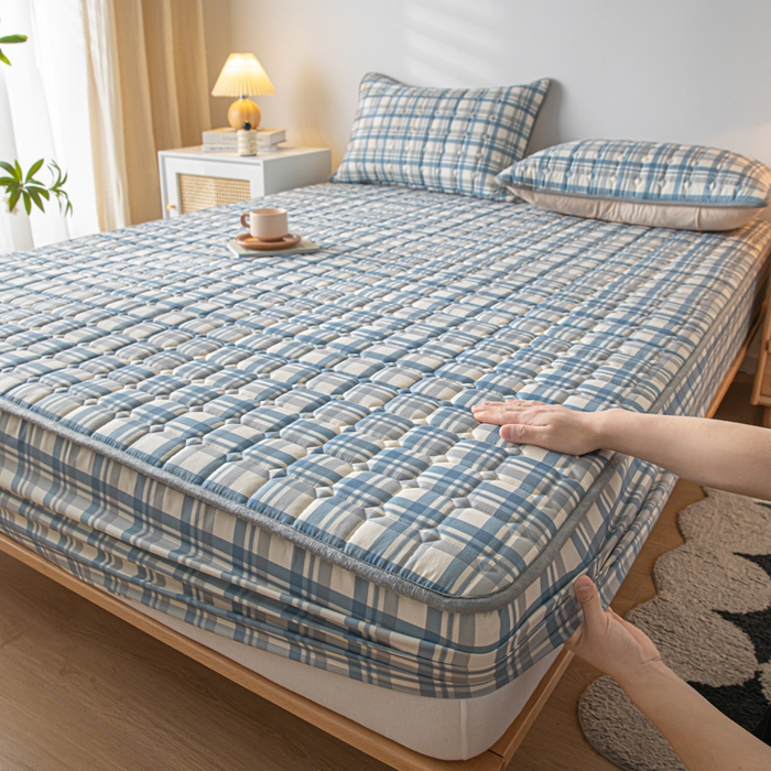 91家纺网 家纺一手货源 找家纺 鑫钰 2024新款无印风水洗棉水洗亲肤大豆夹棉床笠-简格  简格-格调蓝