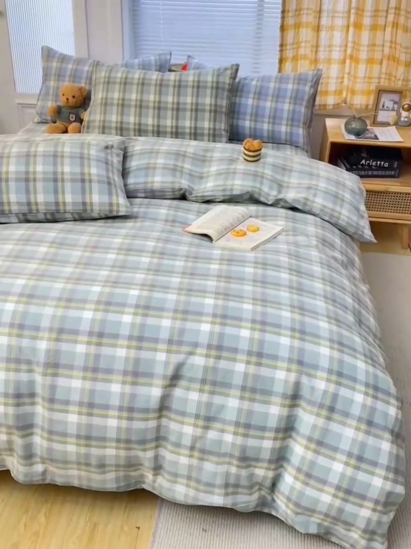 91家纺网 家纺一手货源 找家纺 柠萌家居 2024新款A类全棉色织水洗棉无印风四件套 遇见绿格