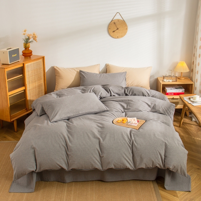 91家纺网 家纺一手货源 找家纺 柠萌家居 2024新款A类全棉色织水洗棉无印风四件套 冷灰