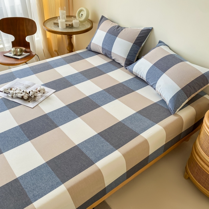 91家纺网 家纺一手货源 找家纺 寐眠 2024新款全棉水洗棉床单床笠单品-单床笠 蓝大格