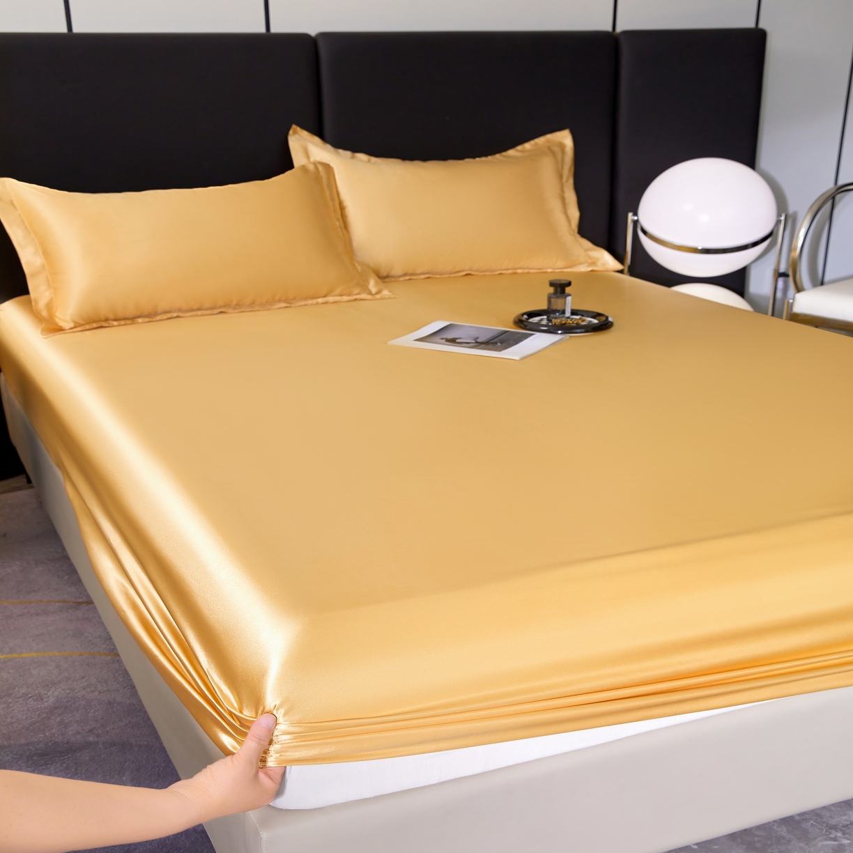 91家纺网 家纺一手货源 找家纺 梦舒羽 2025新款可水洗冰丝床垫保护套床笠三件套 金驼色