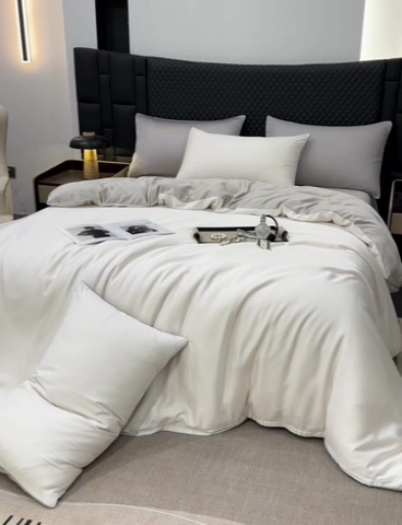 91家纺网 家纺一手货源 找家纺 直播爆款A类轻奢60S莱赛尔天丝四件套真丝四件套 本白+银灰