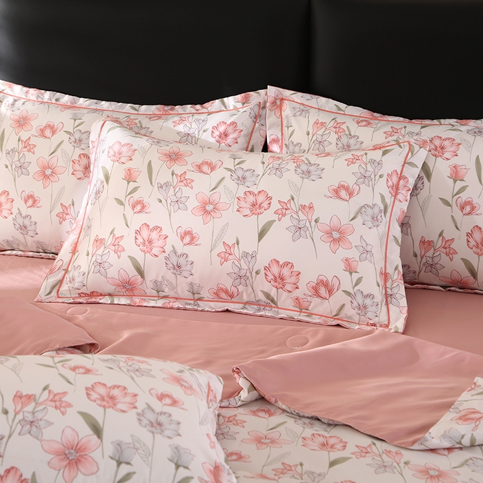 91家纺网 家纺一手货源 找家纺 梦莱斯 2024新款拼角宽边水洗天丝夏被四件套 清晨粉红