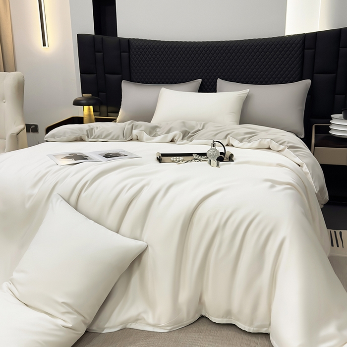 91家纺网 家纺一手货源 找家纺 直播爆款A类轻奢60S莱赛尔天丝四件套真丝四件套 本白+银灰