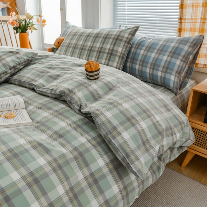 91家纺网 家纺一手货源 找家纺 柠萌家居 2024新款A类全棉色织水洗棉无印风四件套 遇见绿格