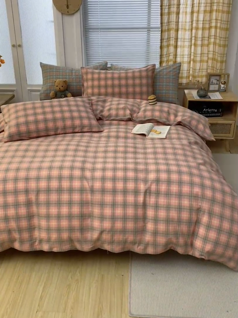 91家纺网 家纺一手货源 找家纺 柠萌家居 2024新款A类全棉色织水洗棉无印风四件套 芳华粉