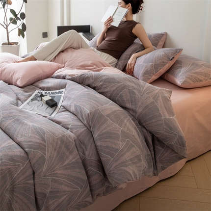 大米家居 2024新款全棉60支双层纱色织提花四件套 叶语-粉