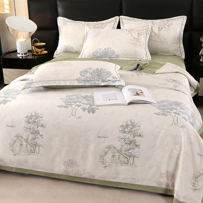 91家纺网 家纺一手货源 找家纺 梦莱斯 2024新款拼角宽边水洗天丝夏被四件套 锦瑞-米黄