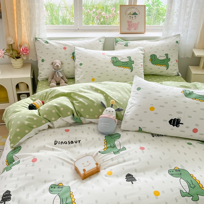 91家纺网 家纺一手货源 找家纺 芊寻家居 2024新款全棉13372花卉系列四件套 恐龙点点