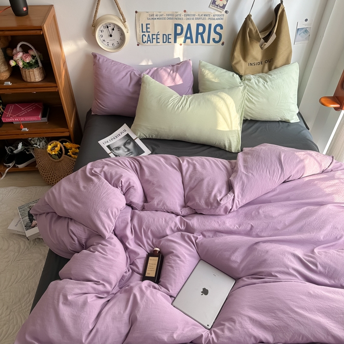 91家纺网 家纺一手货源 找家纺 易辰美 2024新款混搭超柔水洗棉四件套 香芋紫+酷灰