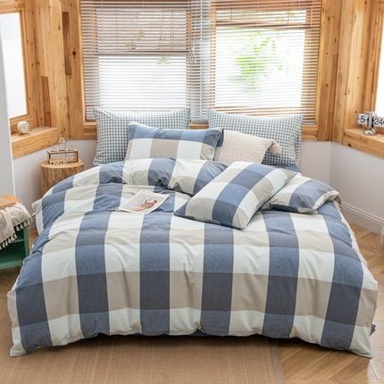柠萌家居 2024新款A类全棉色织水洗棉无印风四件套 蓝白大格
