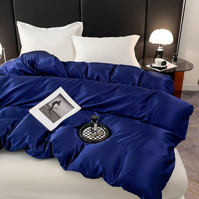 91家纺网 家纺一手货源 找家纺 梦舒羽 2025新款可水洗冰丝被套双人床被套带同款床单床笠四件套 深海蓝