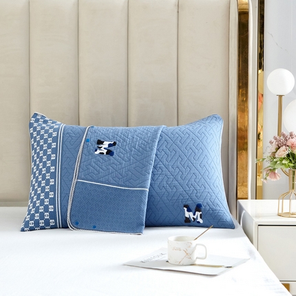 91家纺网 家纺一手货源 找家纺 朴尔-2024年纱布毛巾绣花素色半包枕套枕巾一对 52*78cm 绣花半包枕套-浅蓝